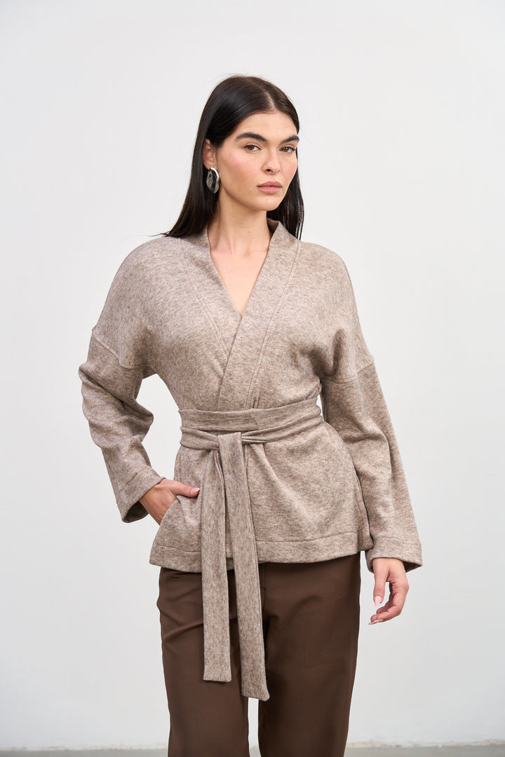 Cleo Wrap Top & Cardigan | Beige